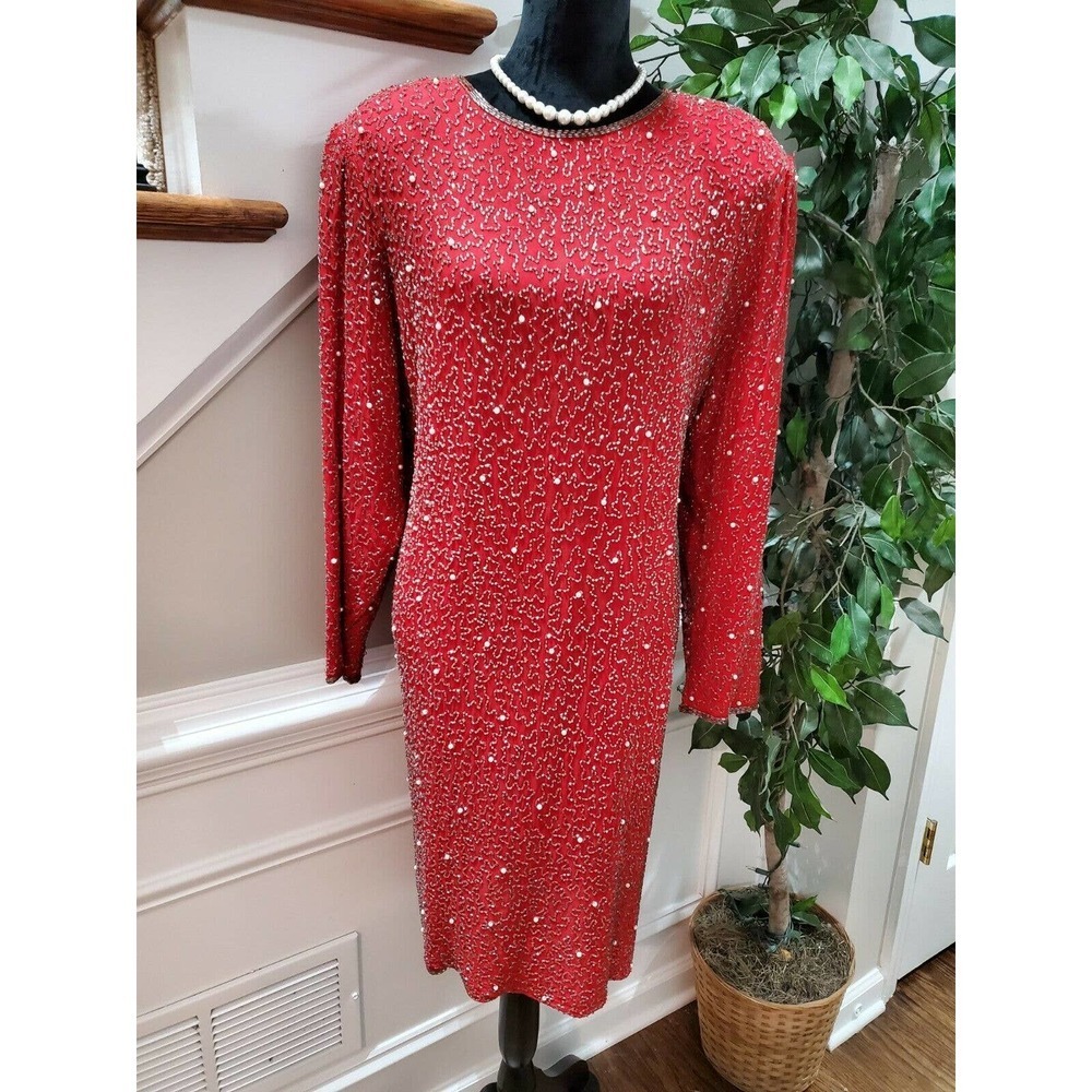Vintage Jakelin Red 100% Rayon Long Sleeve Round Neck Knee Length Dress Size 10
